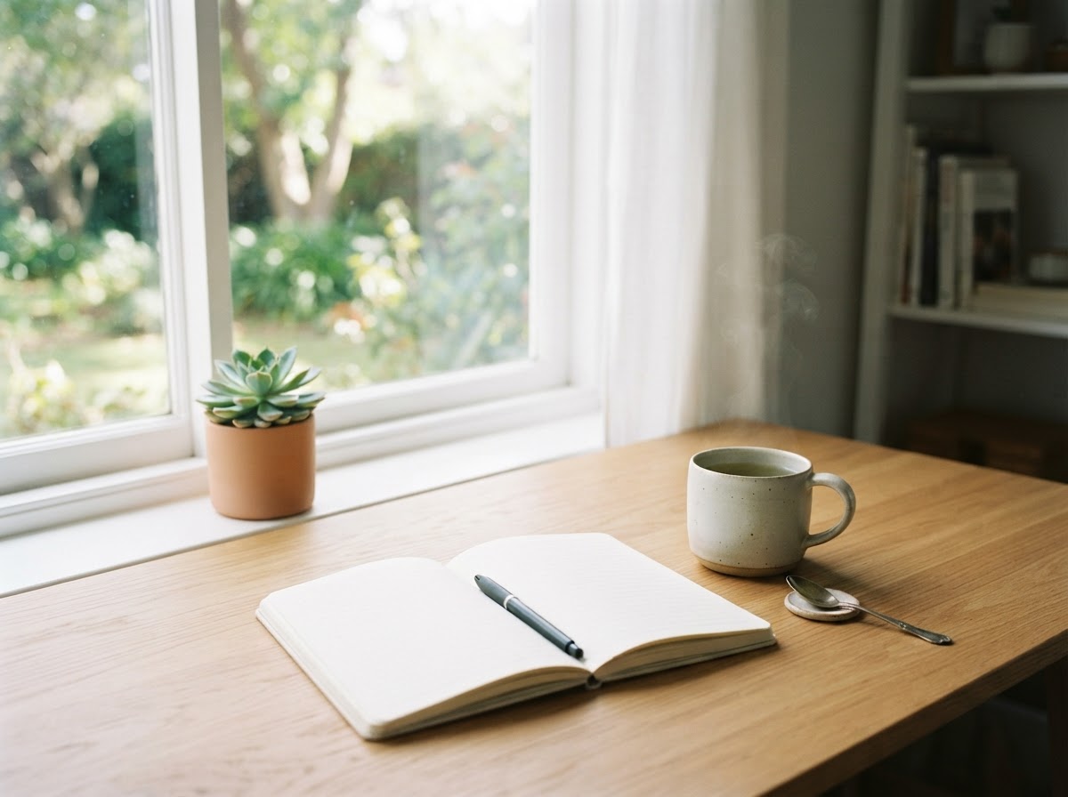 Modern workspace with notebook, plant, and water glass
